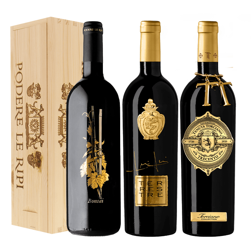 Three Super Tuscan Case - Terrestre, Trecento, Bonsai IGT with Wooden Box