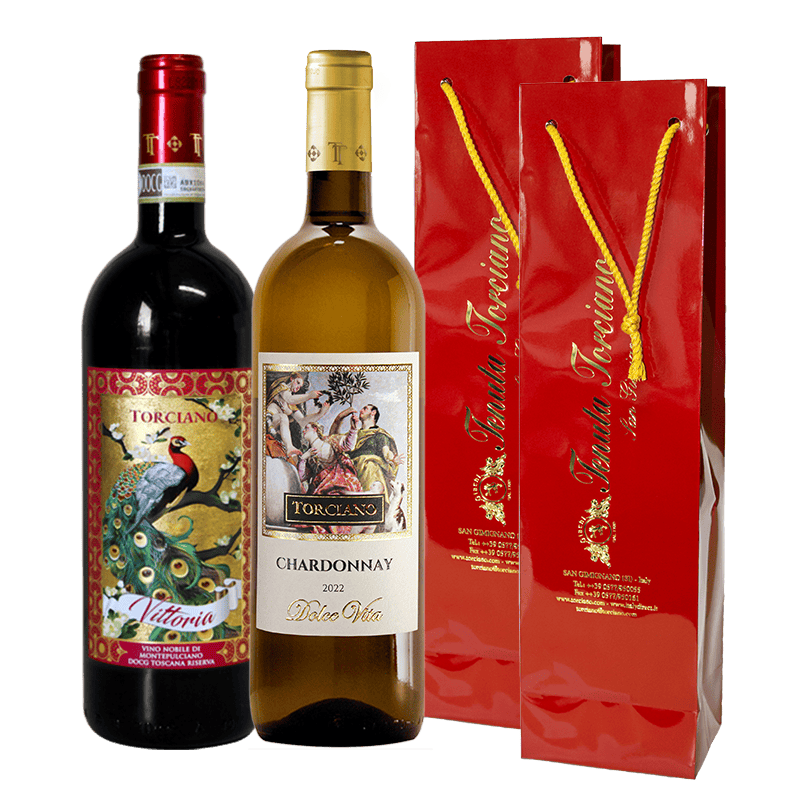 2019  - 2023 Celebrate Holidays Torciano bottled Nobile di Montepulciano Riserva and Chardonnay "Dolcevita" two gift packages included