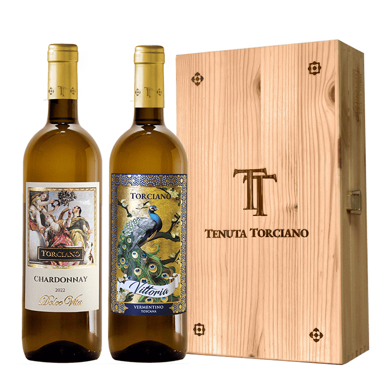 2022 - 2021 Torciano bottled Chardonnay "Dolce Vita", Vermentino "Peacock”, Tuscany - Wooden box included