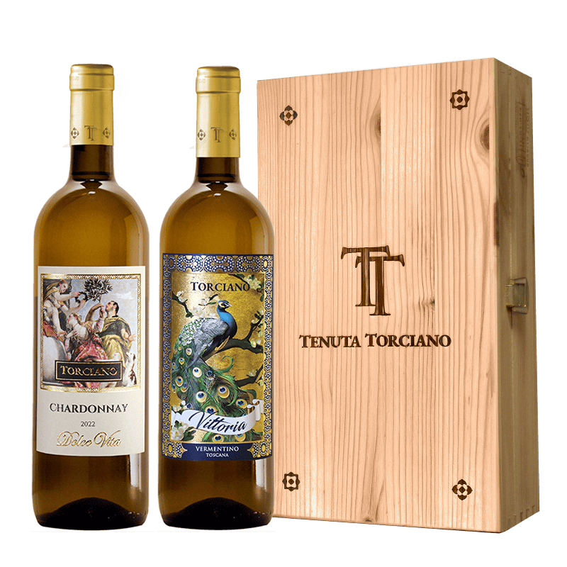 2023 - 2022 Torciano bottled Chardonnay "Dolce Vita", Vermentino "Peacock”, Tuscany - Wooden box included