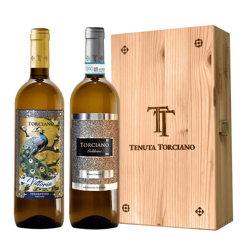 2021 - 2020 Torciano bottled Vermentino "Peacock", Pinot Grigio "Goldvine” - Wooden box included