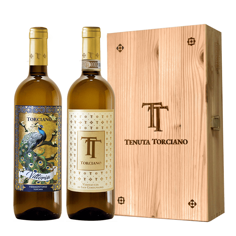 2021 - 2022 Torciano bottled Vermentino "Peacock", Vernaccia "Monogram", Tuscany - Wooden box included