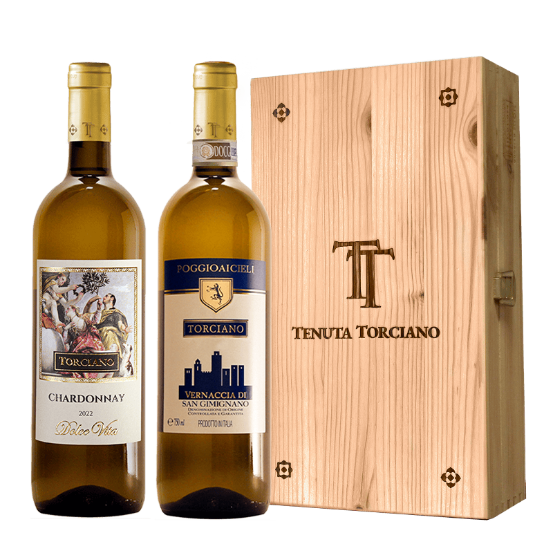 Torciano bottled Chardonnay "Dolce Vita", Vernaccia di San Gimignano "Poggioaicieli", Tuscany - Wooden box included