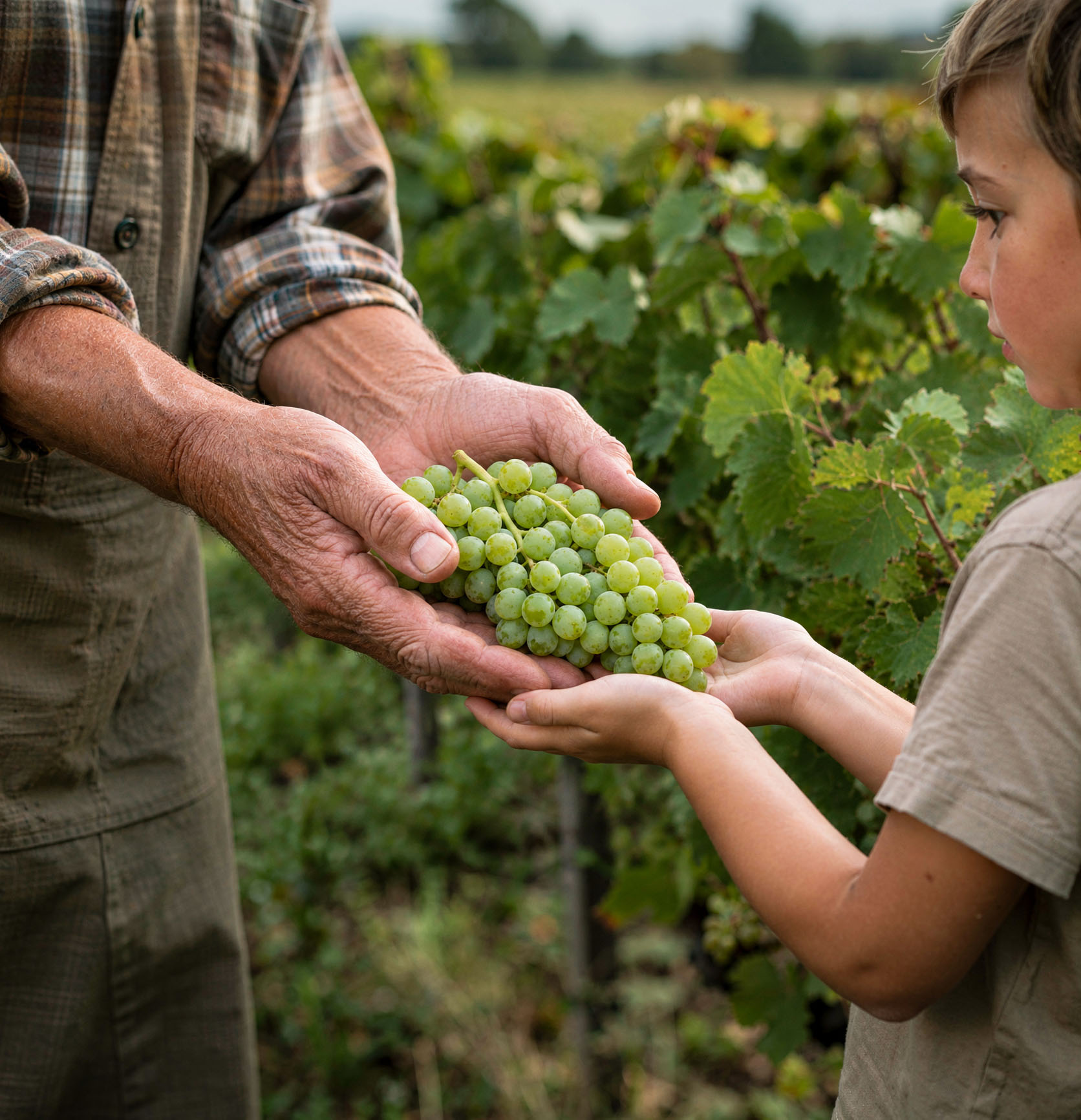 Le mani di un anziano passano un grappolo d'uva nelle mani di un bambino durante la vendemmia