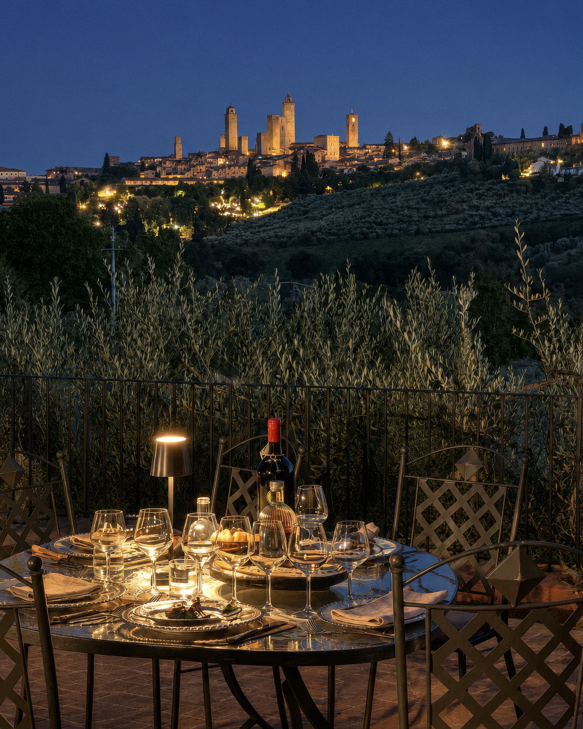 dinner table with view over San Gimignano